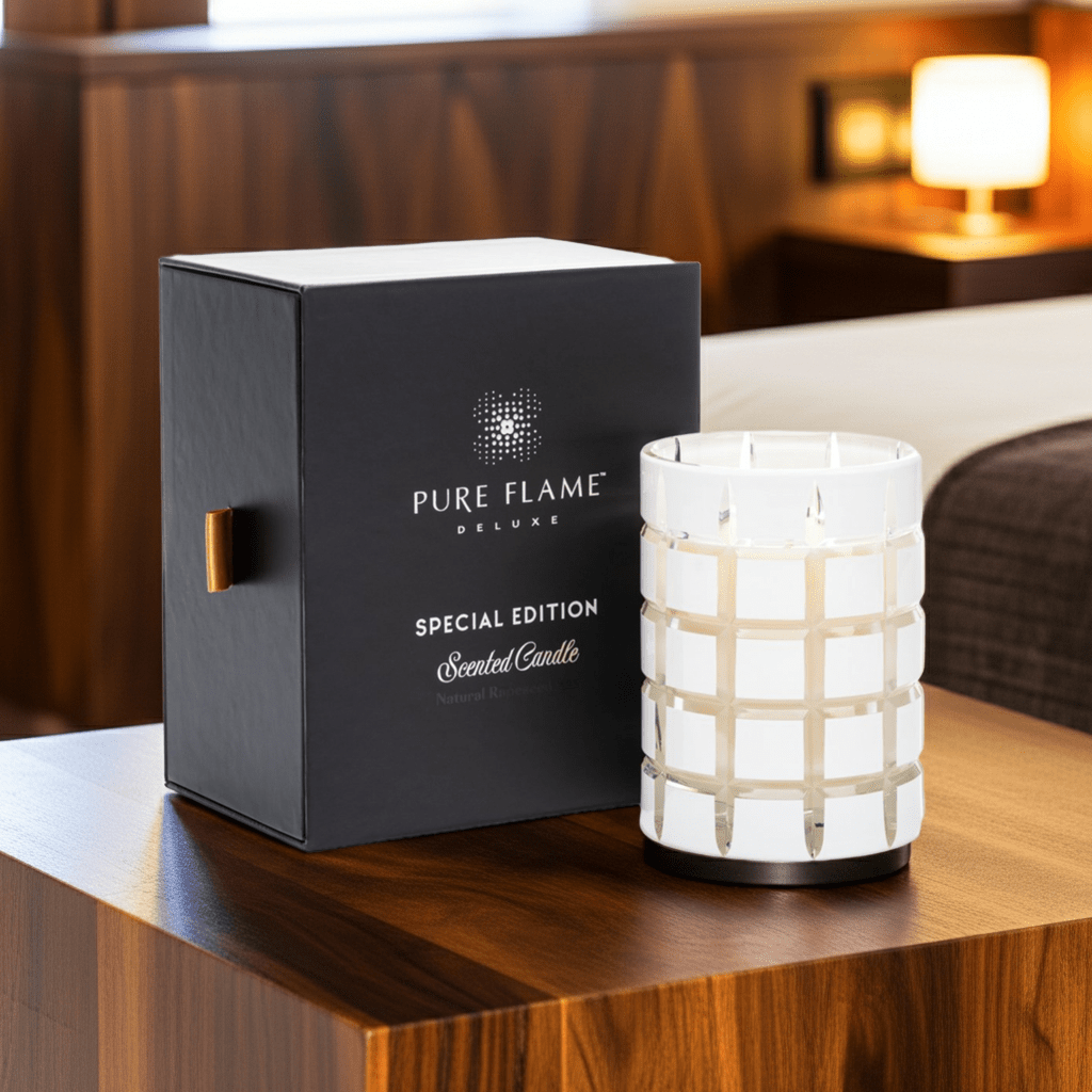 PURE FLAME – Poudrée Crystal Edition „Deluxe“ Duftkerze in Weiß - Clamora